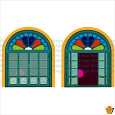 طراحی لایه باز از درب قدیمی با شیشه های رنگی
