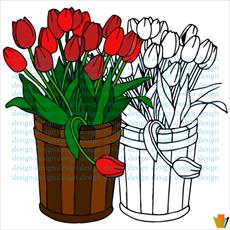 وکتور گلدان چوبی و شاخه گلهای لاله قرمز